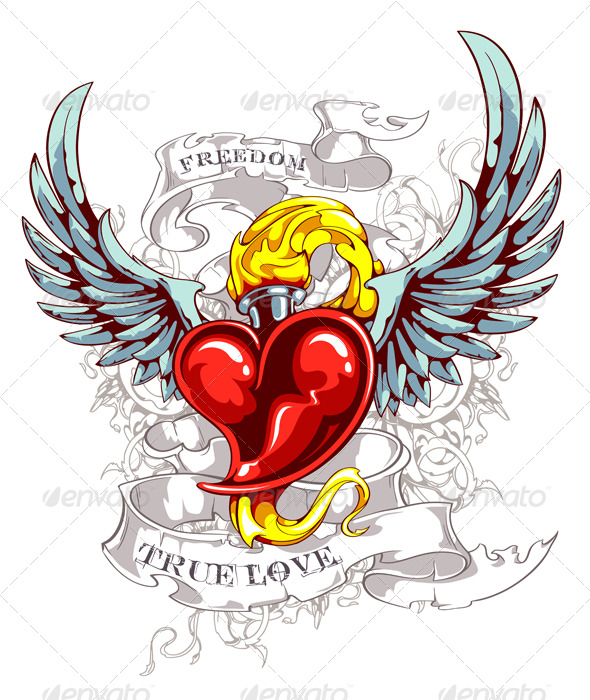 Burning Heart With Wings Ribbon And Flourish Pattern Grunge Style