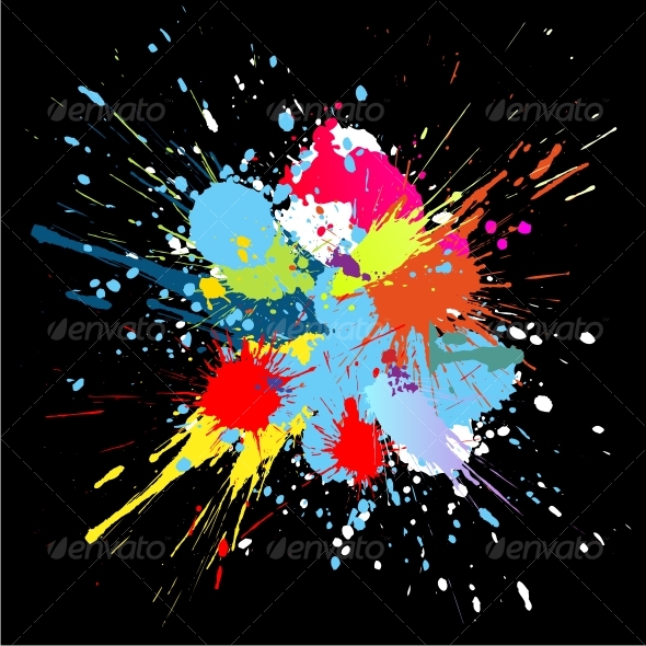 Illustration of color paint splashes on black background
