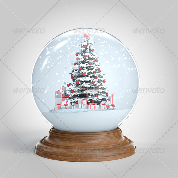 snowglobe with a red decorated christmas tree and presents isoalted on white, clippinh path included