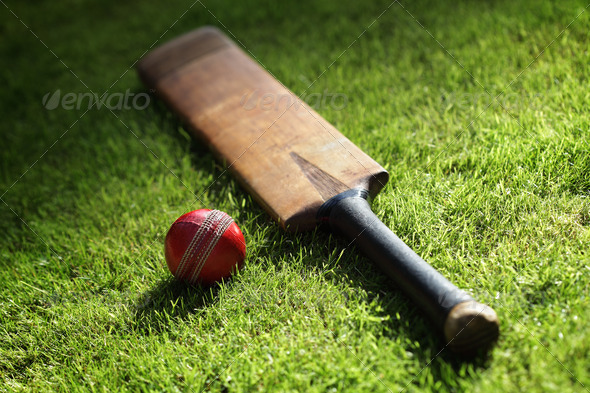 Cricket bat and ball on green grass of cricket pitch