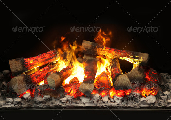 Contemporary Fireplace with Simulated Fire and Wood Fire
