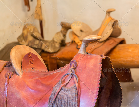Hand made saddles in spanish mission