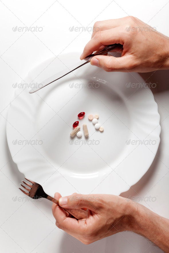 Eat Vitamins Hands with Plate Fork and Knife
