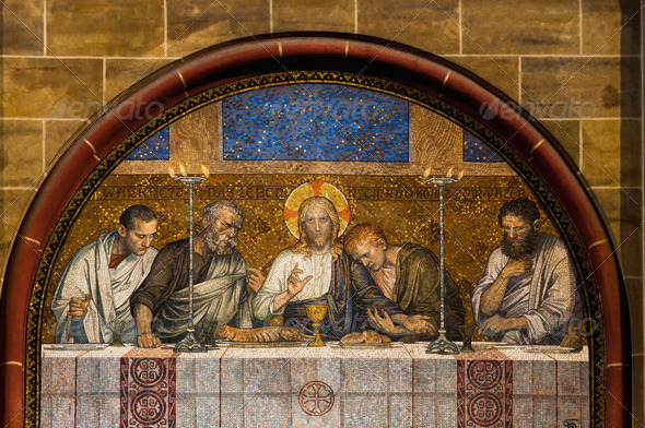 Last Supper of Christ mosaic outside a catholic church in Germany