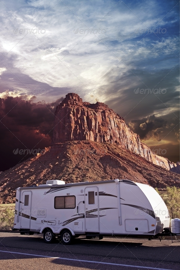 RV in Canyonlands, Utah, USA. Recreation Vehicle – Travel Trailer in Moab, Utah. Recreation Photo Collection.