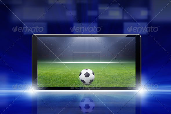 Technology, sports background – tablet pc, computer, soccer ball, sports game online, soccer online
