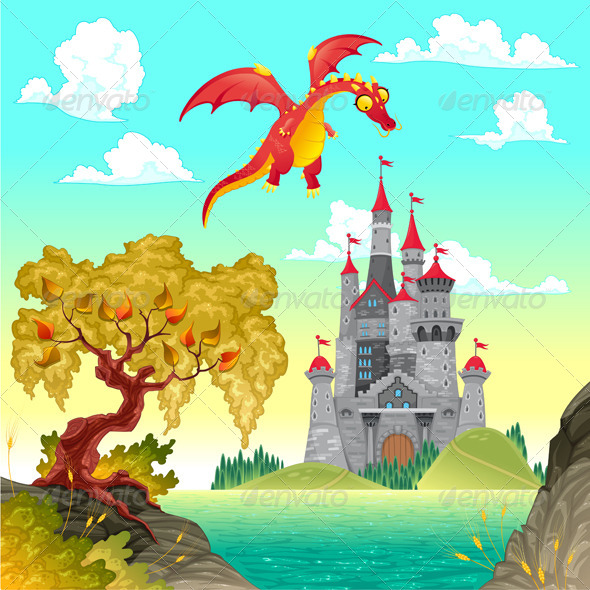 Fantasy Landscape with Castle and Dragon. (Monsters)