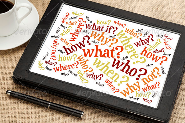 who, what, when, where, why, how questions – brainstorming concept – word cloud on a digital tablet with a cup of coffee
