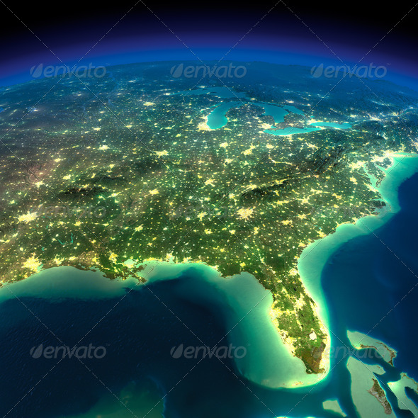 Highly detailed Earth, illuminated by moonlight. The glow of cities sheds light on the detailed exaggerated terrain. Night Earth. Gulf of Mexico and Florida. Elements of this image furnished by NASA