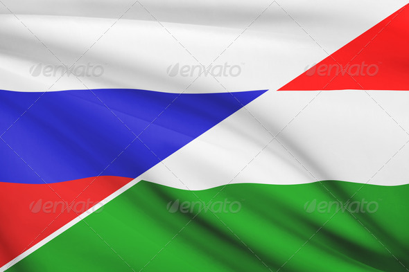 Series of ruffled flags. Russia and Hungary.